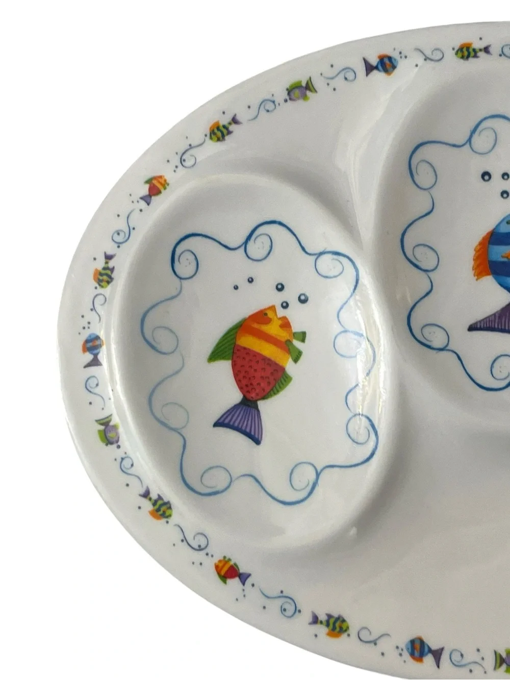Melamine Spoon Rest 3 Well White Colorful Whimsical Fish Border Ocean Beach 7”